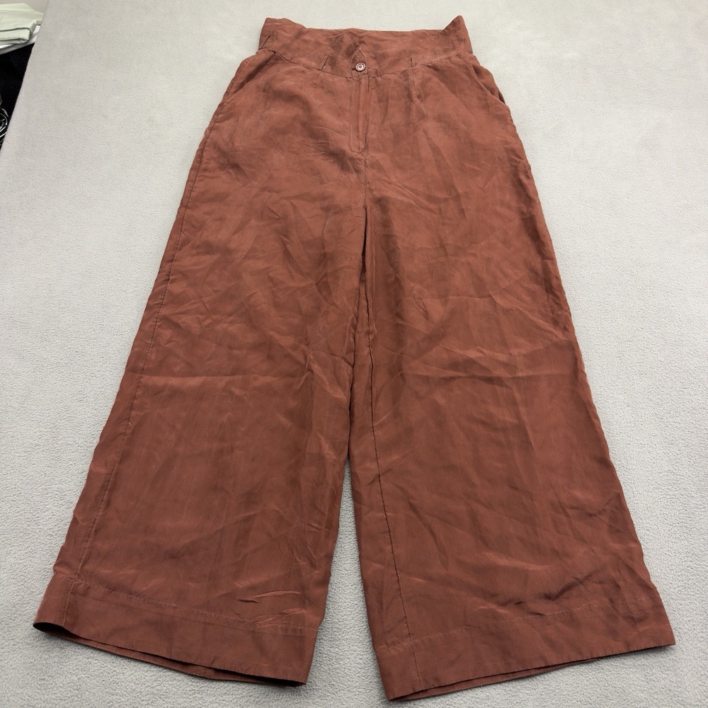 Free People 100% Silk Wide Leg Pants Womens S Terracotta Rust High Rise Trousers